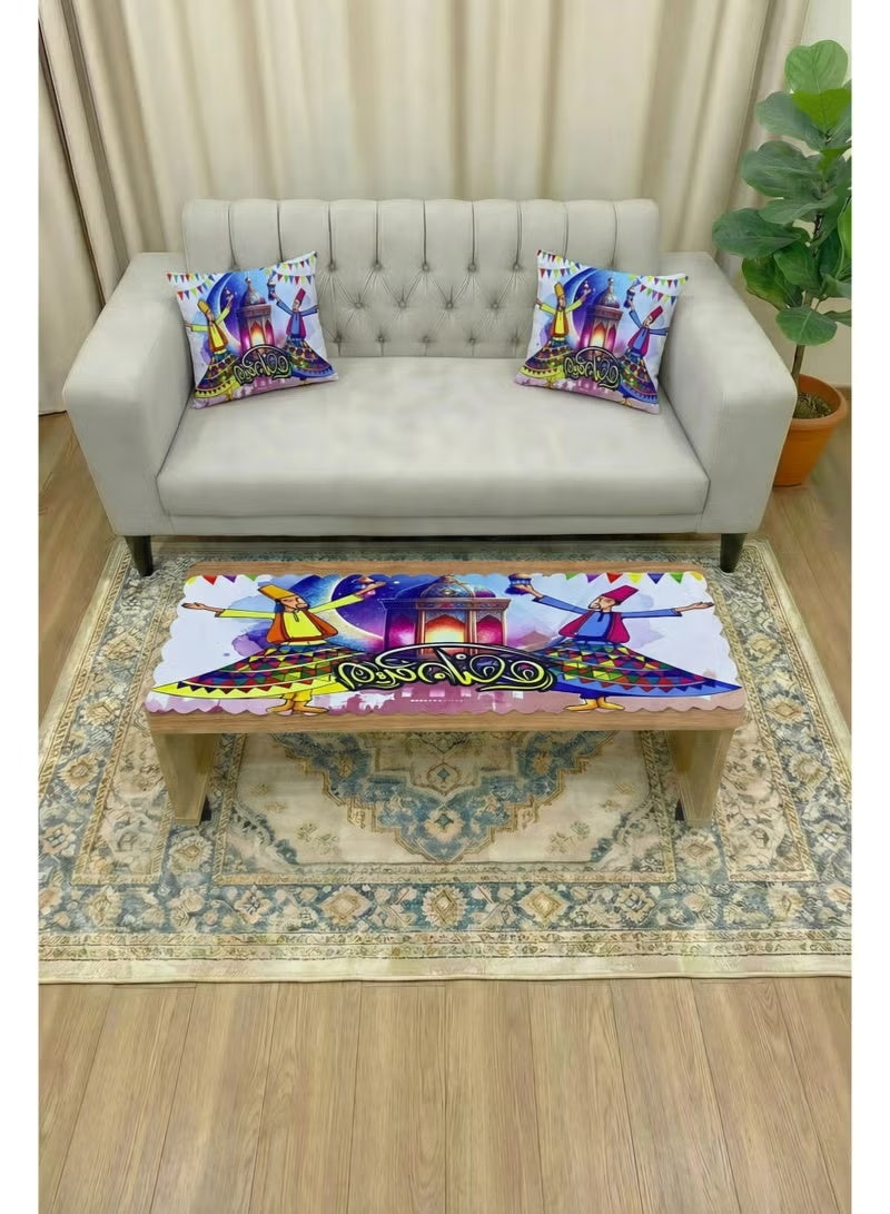 طقم ديكور رمضان الراقي - مفرش طاولة (130*43 سم) مع غطاء مخدات (4545 سم) بتصميم فانوس وخط عربي - Image 1